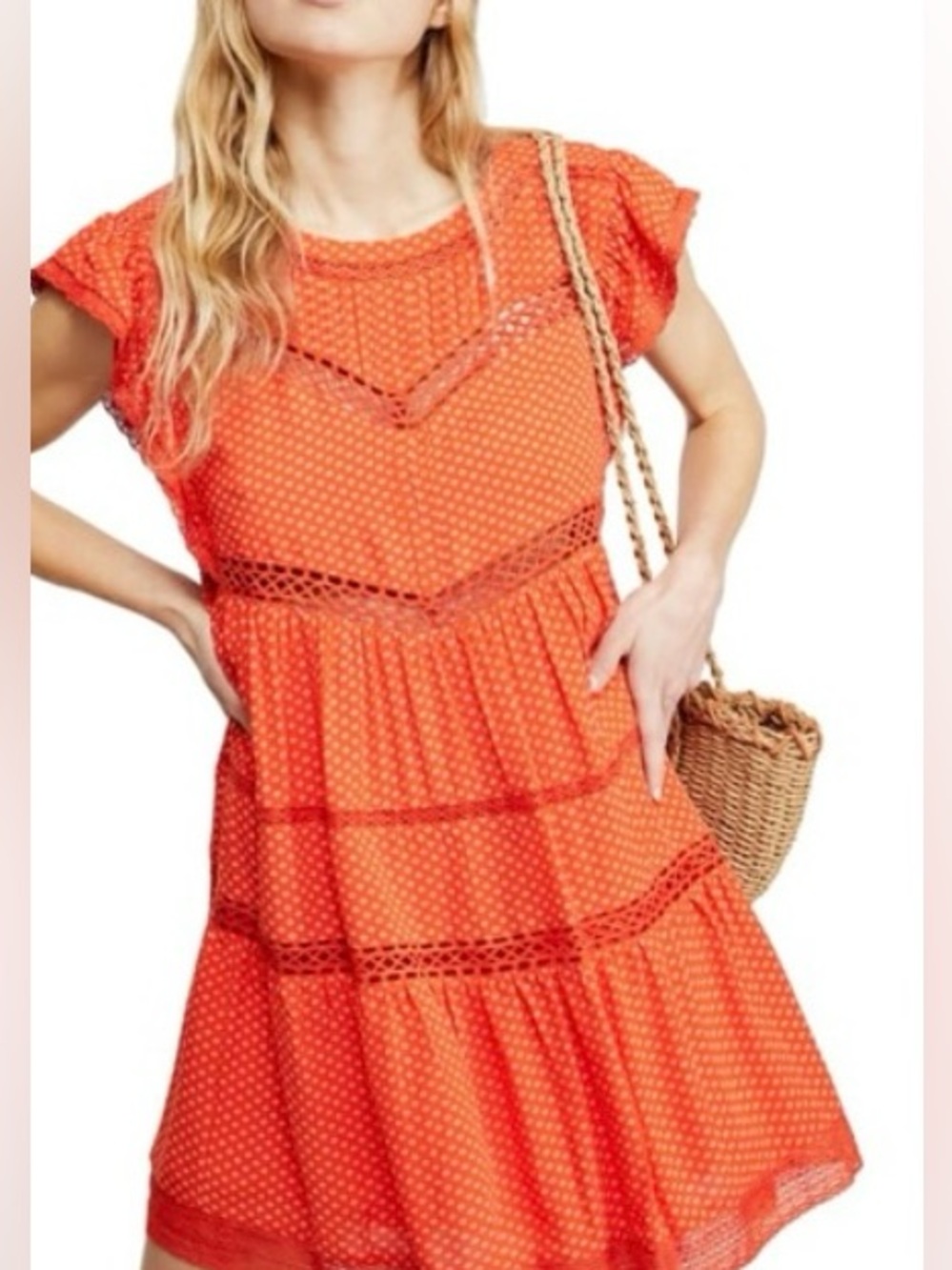 FREE PEOPLE Retro Kitty Crochet mini dress in bright orange. 37” length